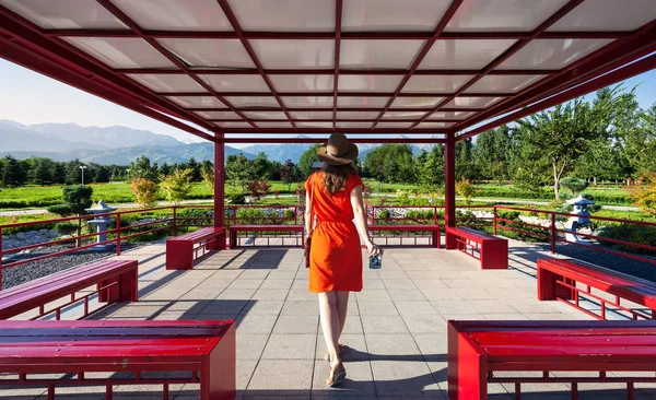 Turista con cámara en pagoda japonesa — Foto de Stock