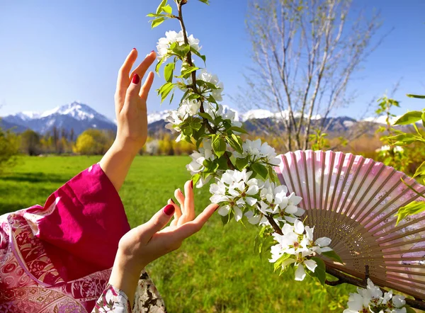 Aziatische vrouw handen en bloesem boom — Stockfoto