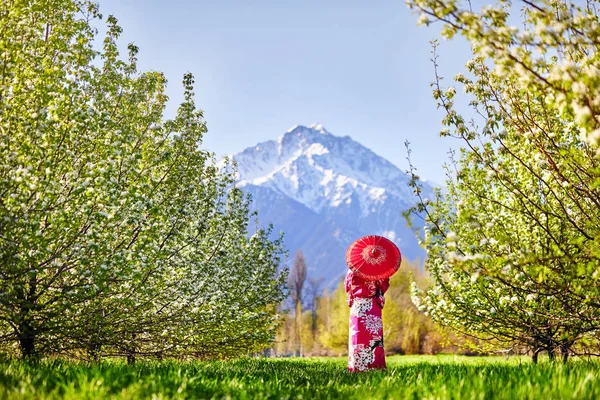 Woman in Japan costume at cherry blossom — Stock Photo, Image