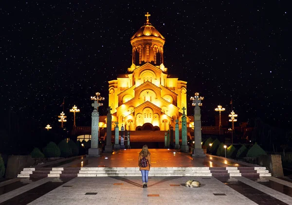 Catedral de la Santísima Trinidad de Tiflis por la noche — Foto de Stock