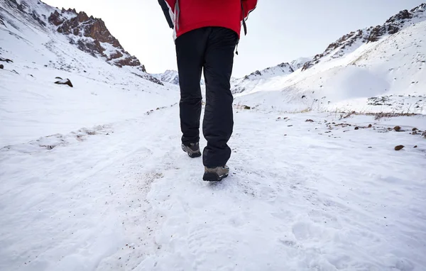 Caminhante em montanhas nevadas — Fotografia de Stock