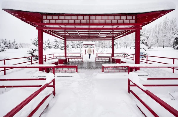 Mulher no inverno Jardim Japonês — Fotografia de Stock