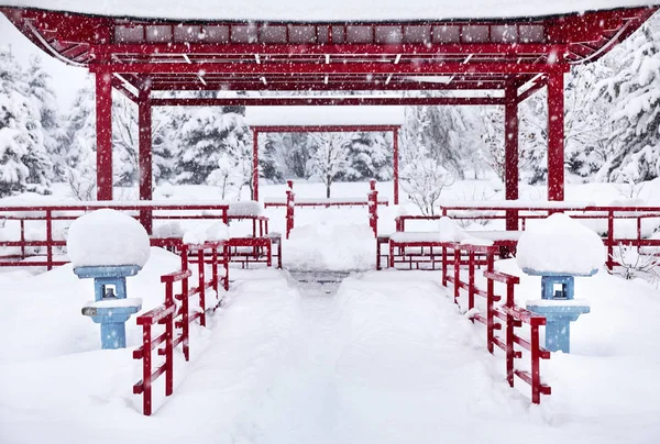 Зимний японский сад в Алматы — стоковое фото