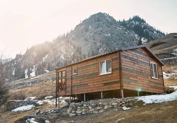 Moderna Casa Legno Nella Località Montagna Tramonto — Foto Stock