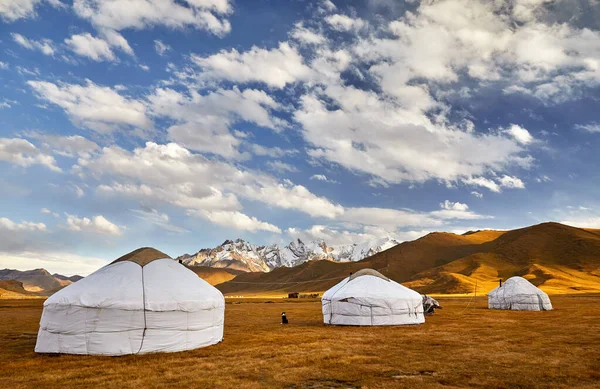 Yurt nomadic houses camp at mountain valley in Central Asia
