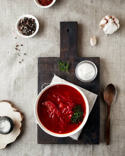 Borsch Ukrainian Russian Traditional Soup Beetroot Meat Cream Black Board — Stock Photo, Image