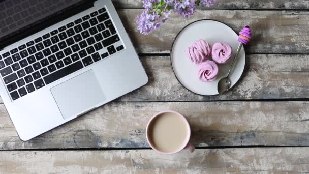 Працюючи з дому та їдячи фіолетовий Зефір — стокове відео