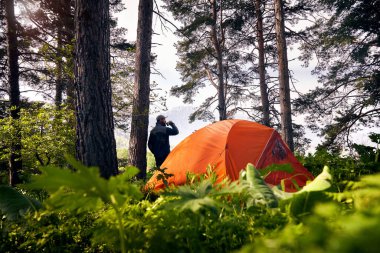 Sakallı turist, dağlardaki yemyeşil ormanda turuncu çadır yakınında kahve içiyor.  