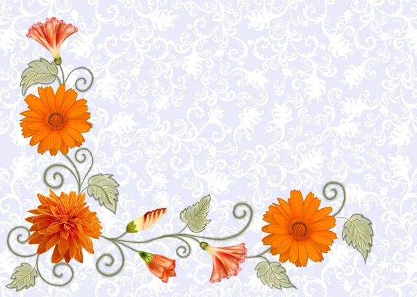 Frame with white ornament  and orange flowers — Stock Photo, Image