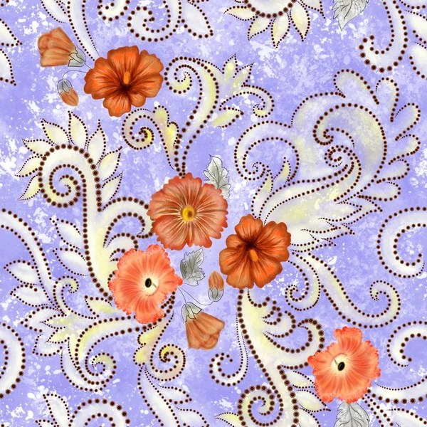 Patrón sin costuras con flores de color naranja y curlicues decorativos — Foto de Stock