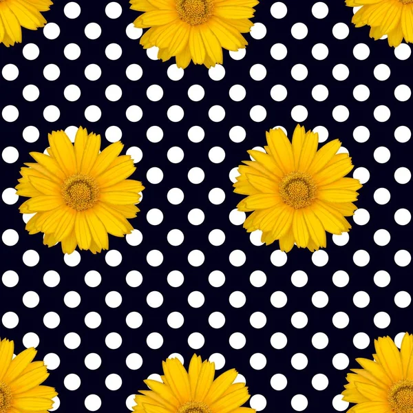 Nahtloses Muster mit weißen Tupfen und gelben Blumen — Stockfoto