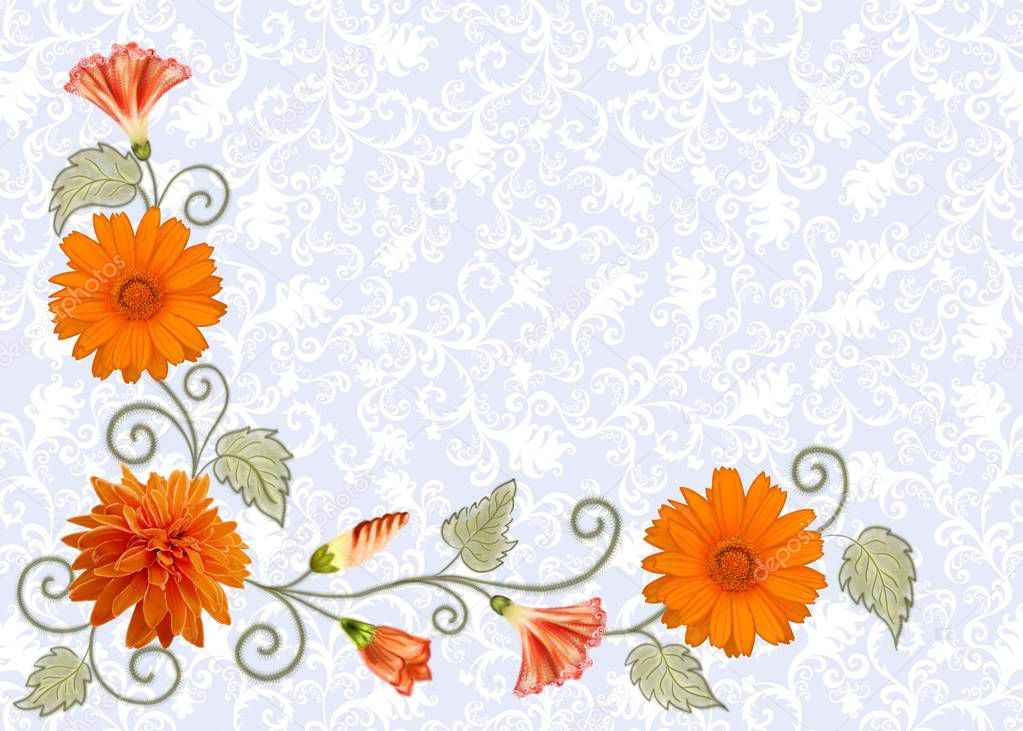 frame with white ornament  and orange flowers