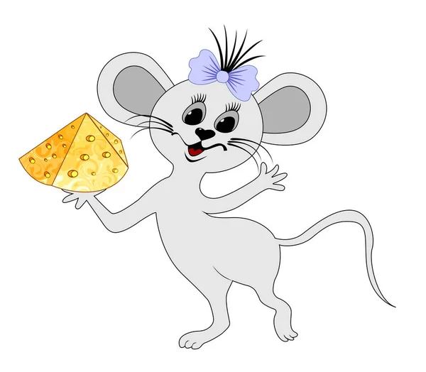 Sorridente mouse mostra un pezzo di formaggio — Vettoriale Stock