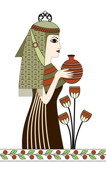 女人用一艘船在他的手。在埃及风格的饰物 — 图库矢量图片