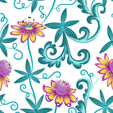 sarı çiçek passiflora ve yeşil yaprakları ile Seamless Modeli