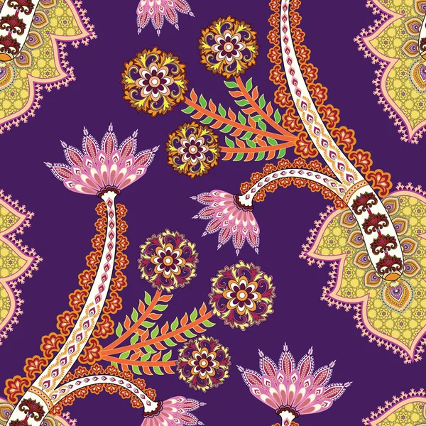 Patrón inconsútil colorido con paisley adornado y flores decorativas — Vector de stock