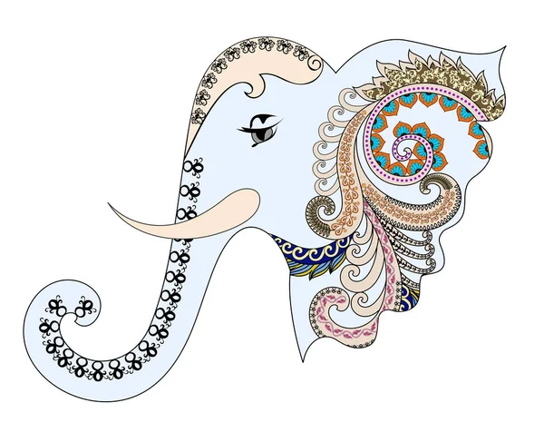Elefante cabeza con rizos decorativos — Vector de stock
