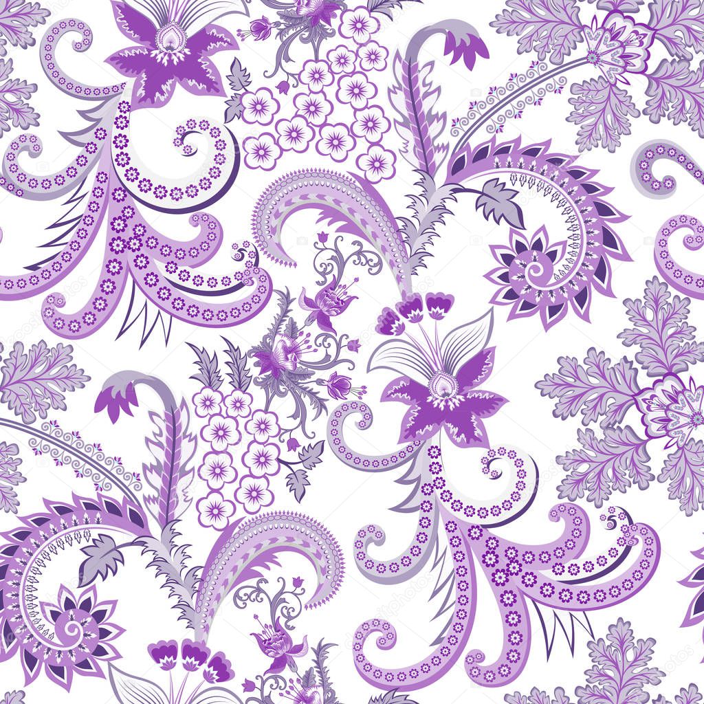 seamless ornate pattern with small flowers in light purple and gray tint