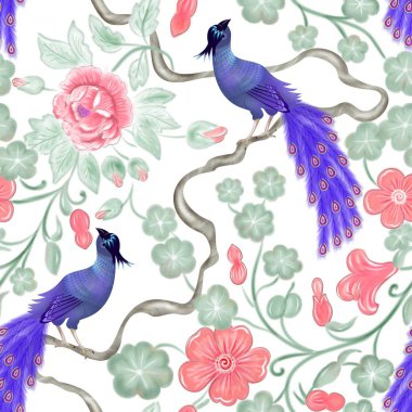 bir mavi kuş - tavus kuşu, bir sarmaşık yaprakları ve pembe çiçekleri ile süslenmiş ile Seamless Modeli