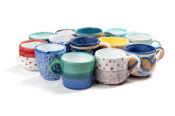 Hand-made ceramic cups in multicolor glaze — Stock Photo, Image