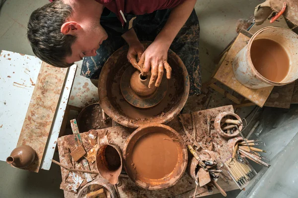 Potter at work. Workshop. Top view — Stock Photo, Image