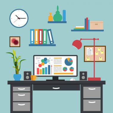 Modern iç ofis çalışma alanının düz tasarım