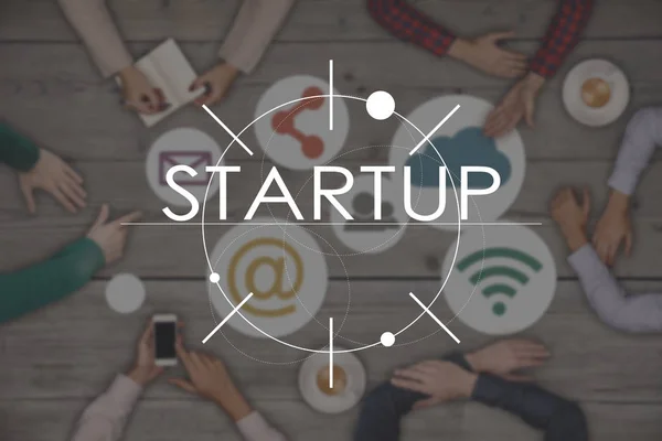 Top view of six People Working and Startup Business Concept