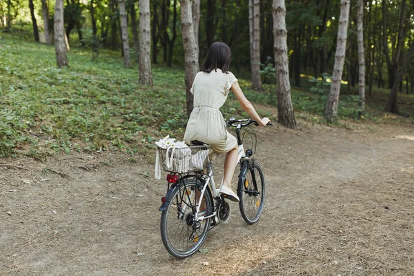 Outdoor portrait of attractive young brunette on a bicycle. — Stock Photo, Image