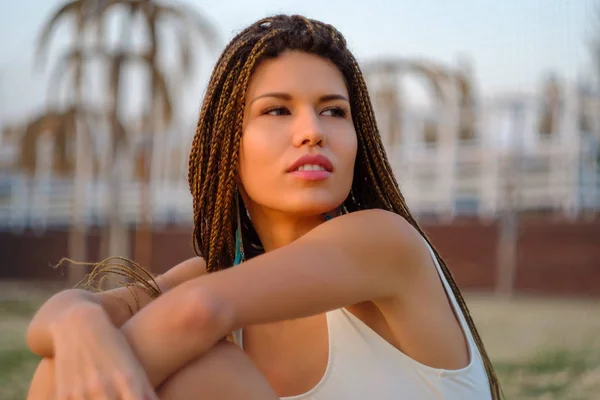 Portrait of attractive asian model girl with braided hairstyle. — Stock Photo, Image