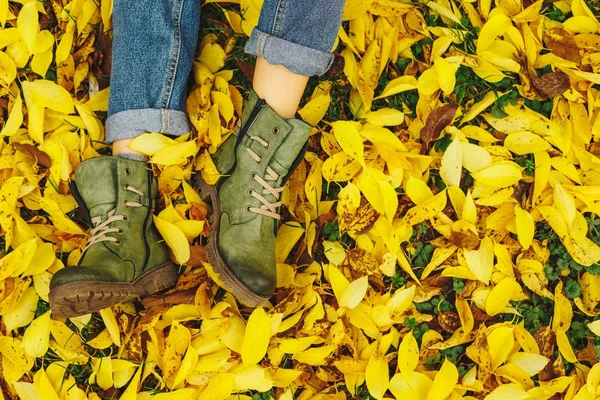 Ayakkabı sarı sonbahar yaprakları — Stok fotoğraf