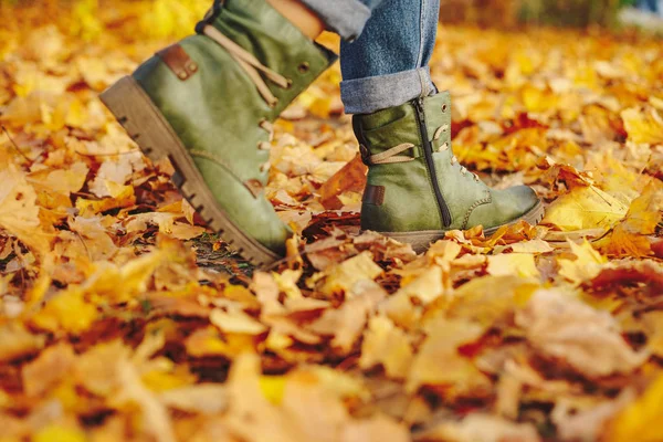 Deri ayakkabı walking güz yaprakları açık — Stok fotoğraf