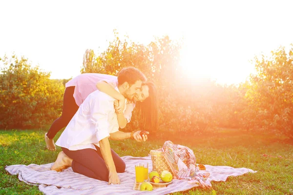Casal feliz fazendo um piquenique no parque em um dia ensolarado, beijando e abraçando — Fotografia de Stock