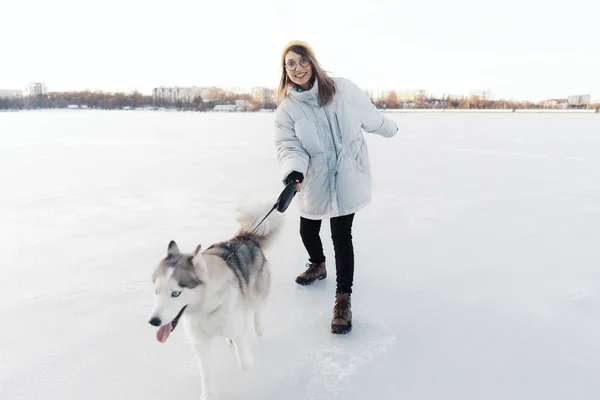 Szczęśliwa młoda dziewczyna bawi się z syberyjskim husky dog w parku zimowym — Zdjęcie stockowe