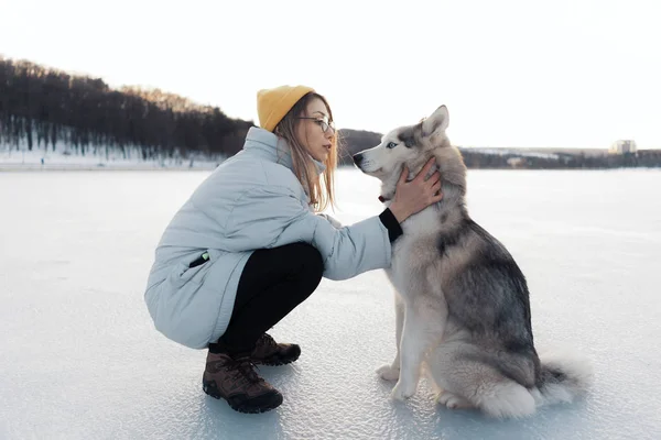 Szczęśliwa młoda dziewczyna bawi się z syberyjskim husky dog w parku zimowym — Zdjęcie stockowe