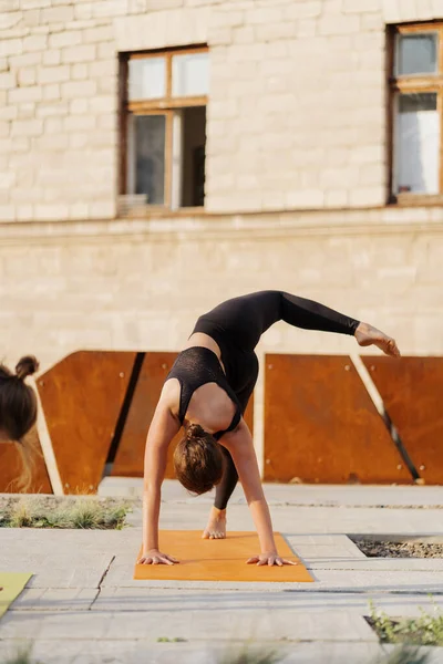 Dos chicas jóvenes practicando estiramiento y ejercicio de yoga juntas — Foto de Stock