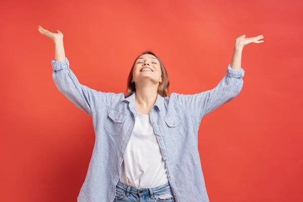 Funny Cute Girl Having Fun Isolated Red Background While Holding — Stock Photo, Image