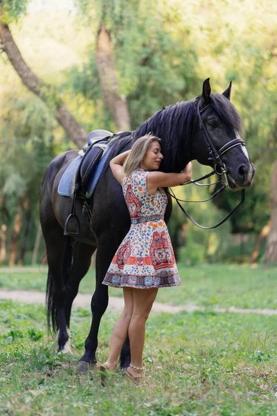 Young Woman Horse Lady Bright Colorful Dress — Stock Photo, Image