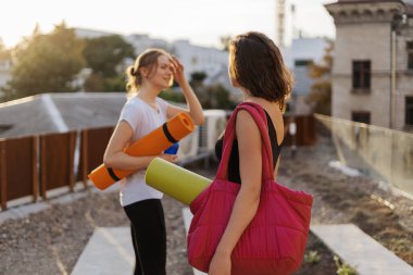 Spor giyimli iki güzel kadın spor antrenmanı, jimnastik ve yoga yapacaklar. Sağlıklı spor yaşam tarzı konsepti. Kadın arkadaşlığı