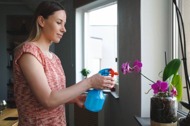 Çekici bir kadın dairede çiçekleri suluyor.