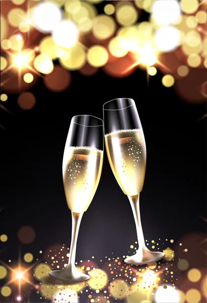 Dos copas de champán contra fondo de luces bokeh — Vector de stock