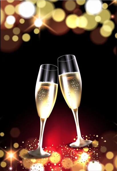 Dos copas de champán contra fondo de luces bokeh — Archivo Imágenes Vectoriales