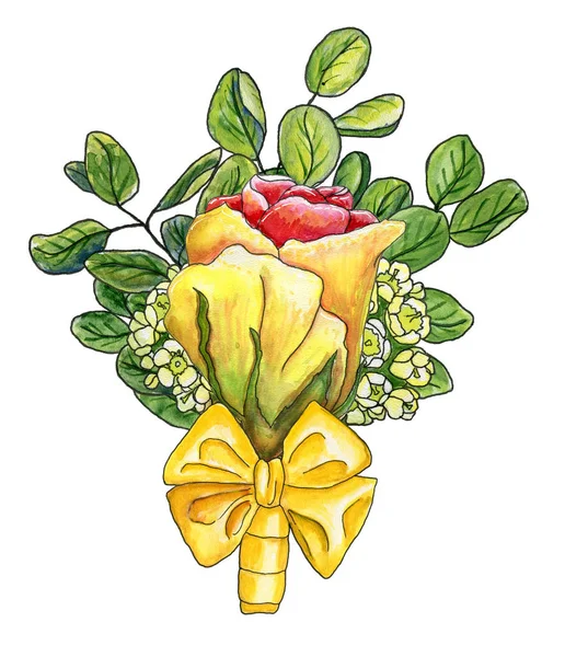 Boutonniere acuarela con rosa amarillo-roja, flor de cera, ramitas o — Foto de Stock