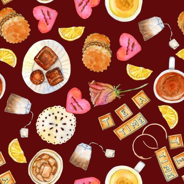 Suluboya çay zamanı koyu kahverengi arkaplan ve pürüzsüz desen