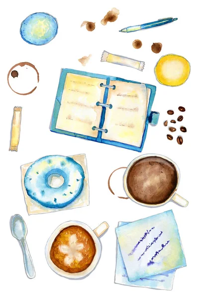 Cozy blue and brown vertical flatlay coffee composition — Stock Photo, Image