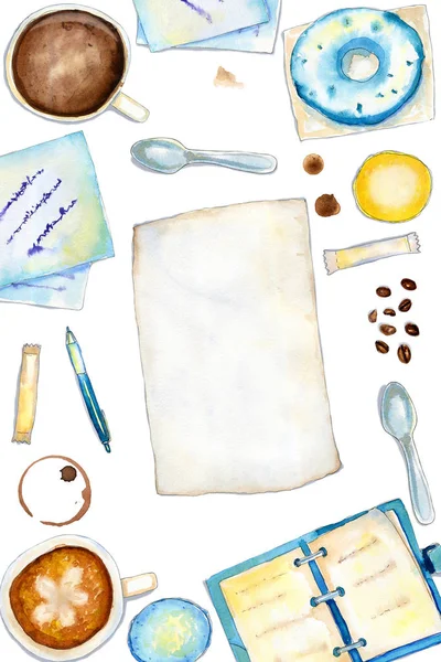 Watercolor vertical coffee composition with sheet of paper — Stock Photo, Image