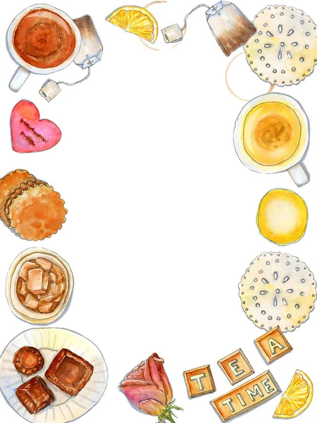 Akvarel svislý čaj časová skladba s místem pro text — Stock fotografie