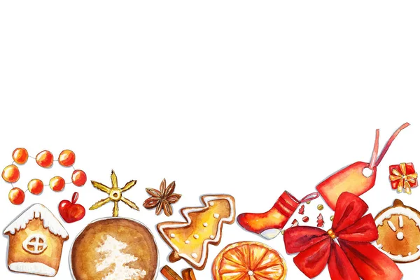 Vermelho e dourado horizontal flatlay composição de Natal — Fotografia de Stock