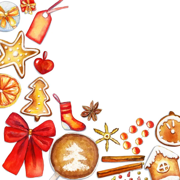 Przytulny czerwony i złoty narożnik kompozycja Bożego Narodzenia z miejscem na tekst — Zdjęcie stockowe