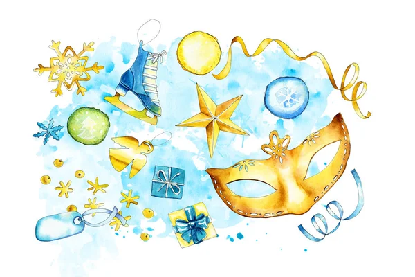 Уютная голубая и золотая горизонтальная рождественская композиция — стоковое фото