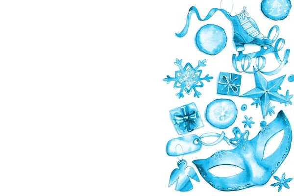 Blauwe horizontale kerst flyer sjabloon met masker — Stockfoto